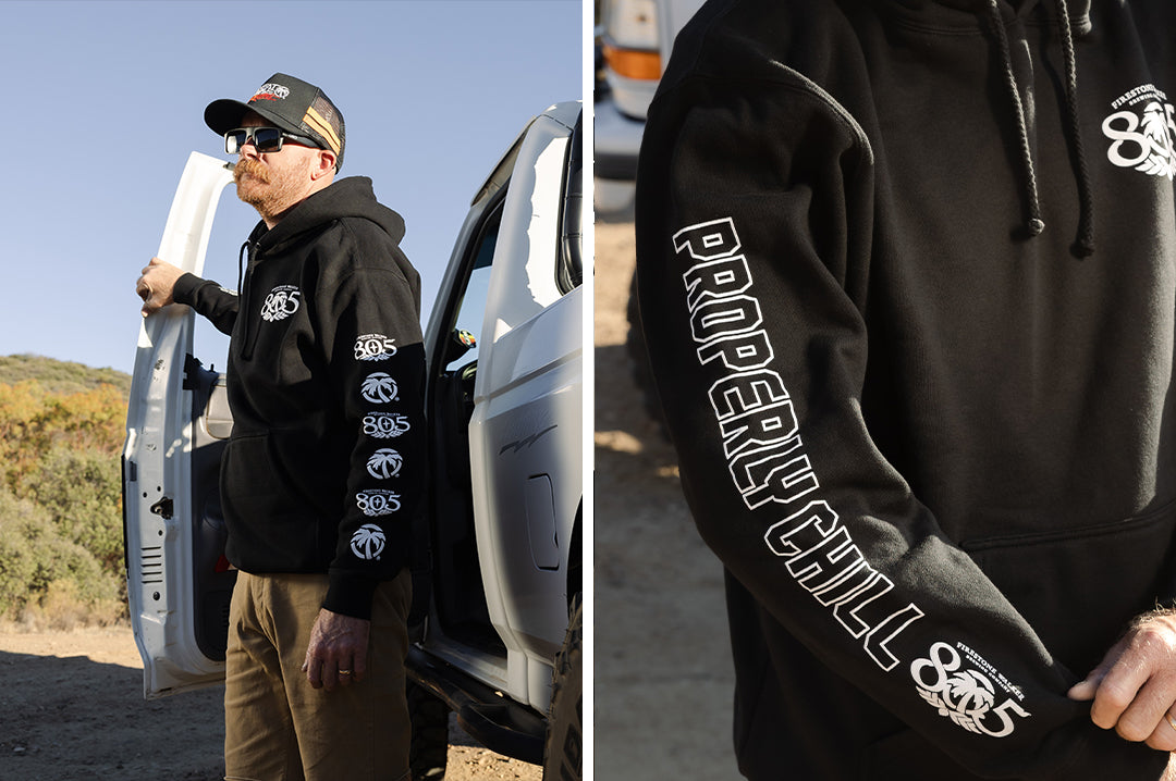 Two images of a man wearing the Heat Wave x 805 Properly Chill Hoodie - Black