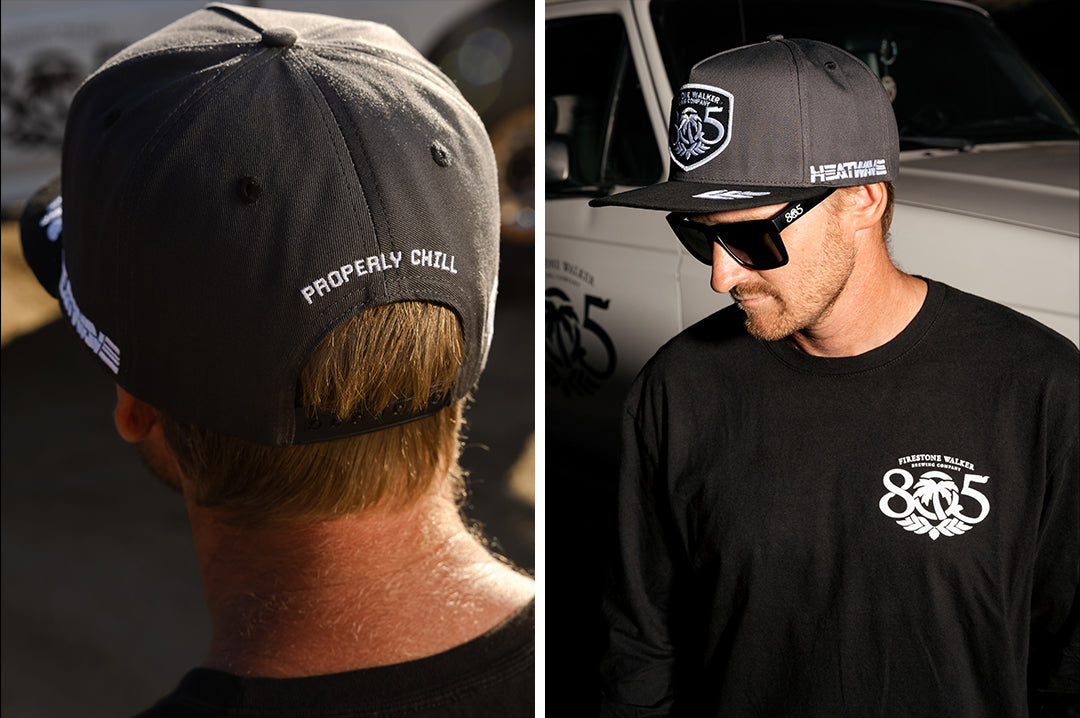 Two images of a man wearing the Heat Wave x 805 Properly Chill Hat - Grey