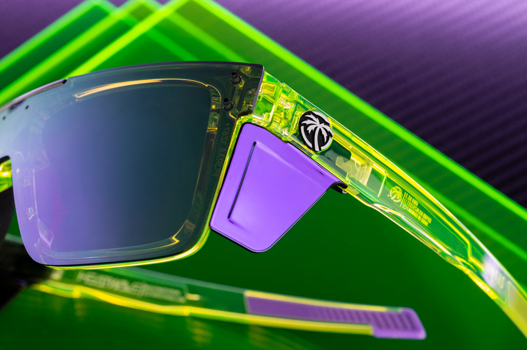 Close up shot of the Performance Quatro Sunglasses: Antifreeze Z87+ on a neon green platform