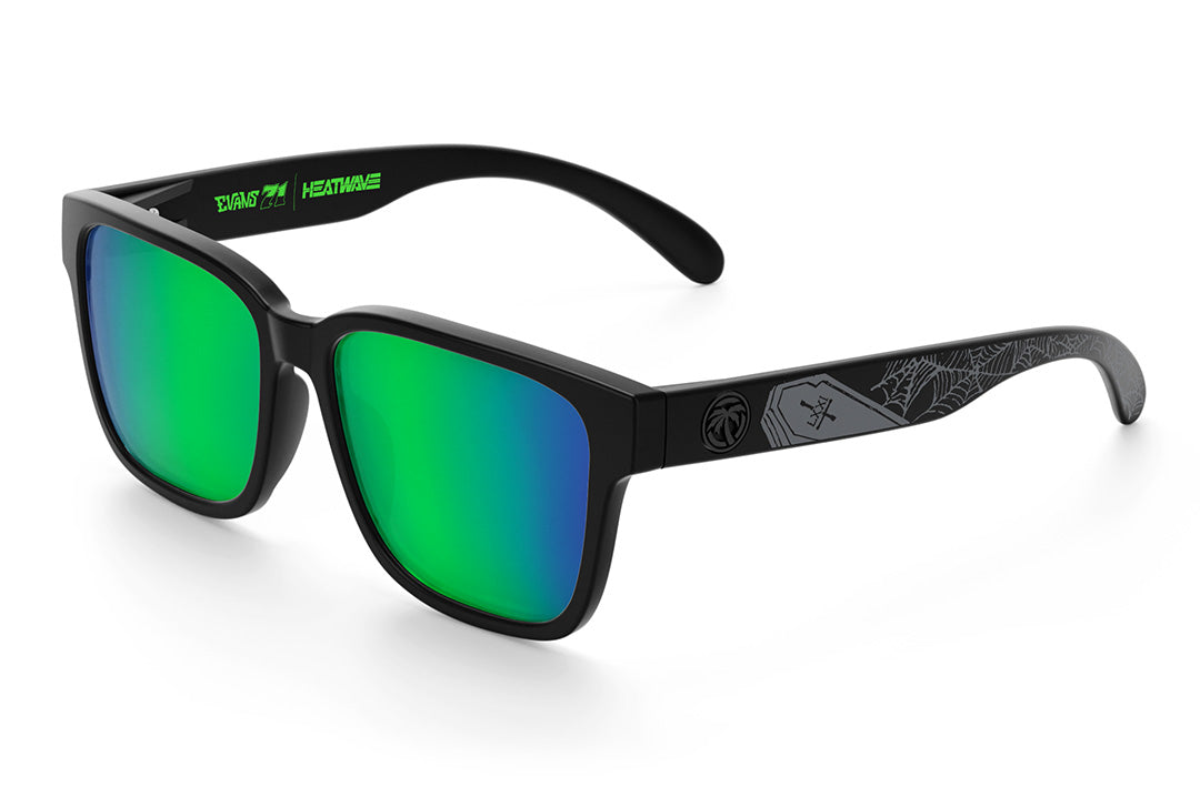 Heat Wave Visual Apollo Sunglasses with black frame, Patrick Evans grave print arms and piff green blue lenses.