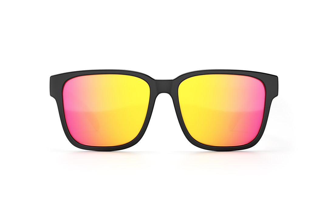 Front of Heat Wave Visual Apollo Sunglasses with black frame and tropic pink yellow lens.
