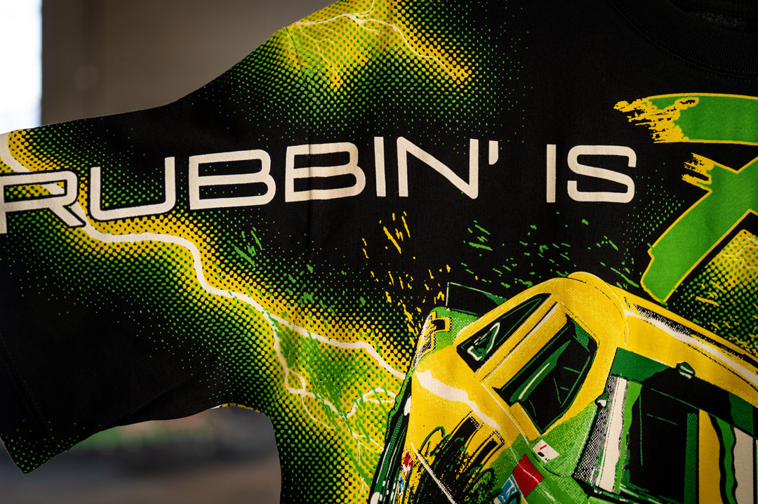 Close up of the lightning graphic on the City of Chevrolet X HWV T-shirt.