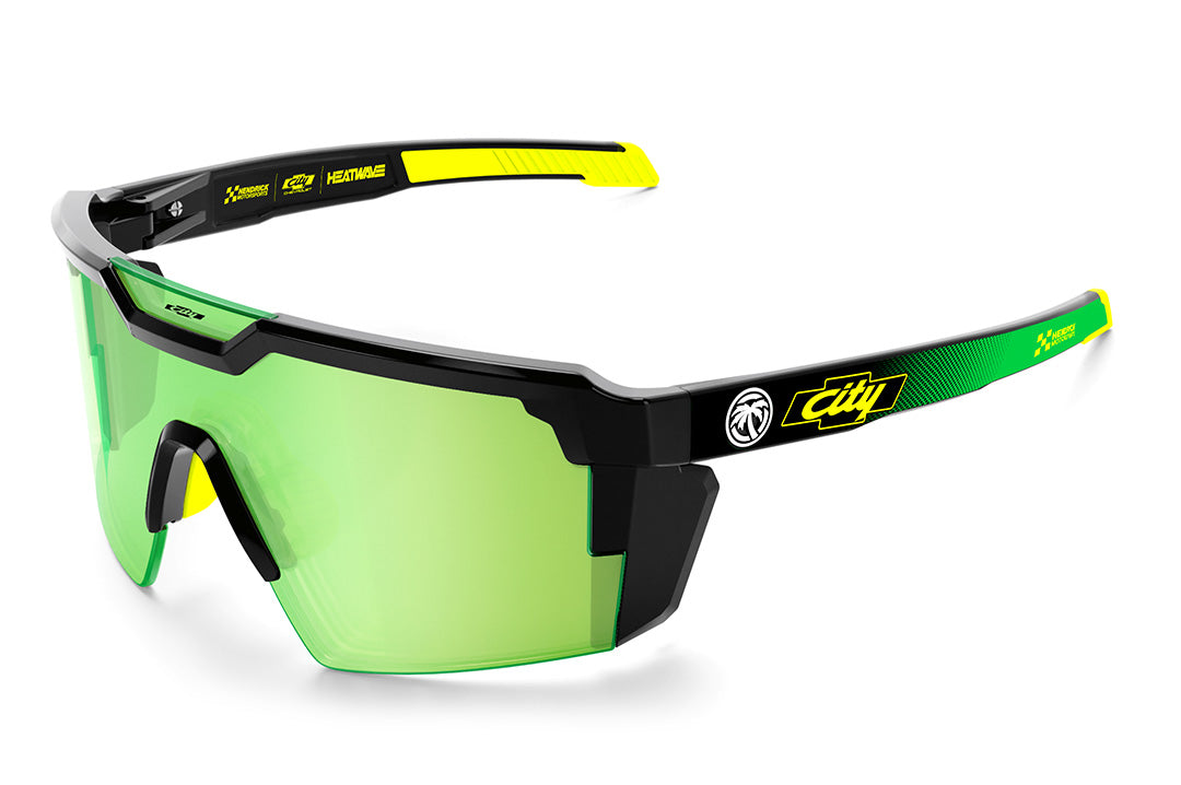 City of Chevrolet X HWV Future Tech Sunglasses with gloss black frame, City of Chevrolet arms and radium green lens.