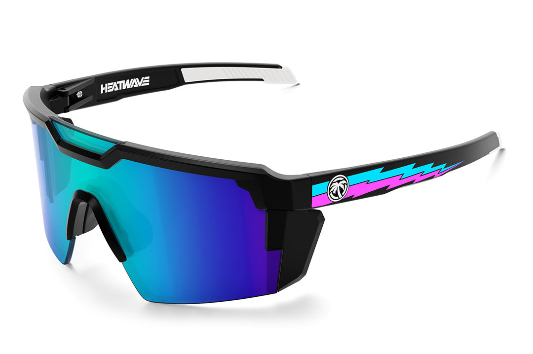Heat Wave Visual Future Tech Sunglasses with black frame, phase blue print arms and galaxy blue lens.