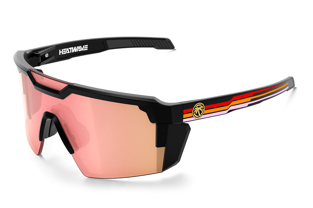 Heat Wave Visual Future Tech Sunglasses with black frame, side stripe red print arms and rose gold lens.