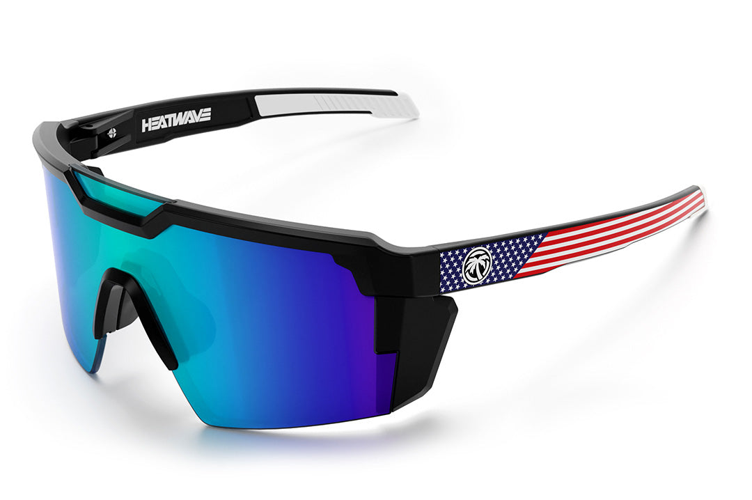 Heat Wave Visual Future Tech Sunglasses with black frame with USA print arms and galaxy blue lens.
