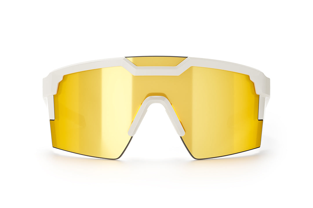 Front angle shot of the Future Tech Sunglasses: White Frame Gold Lens Z87+ on a white background.