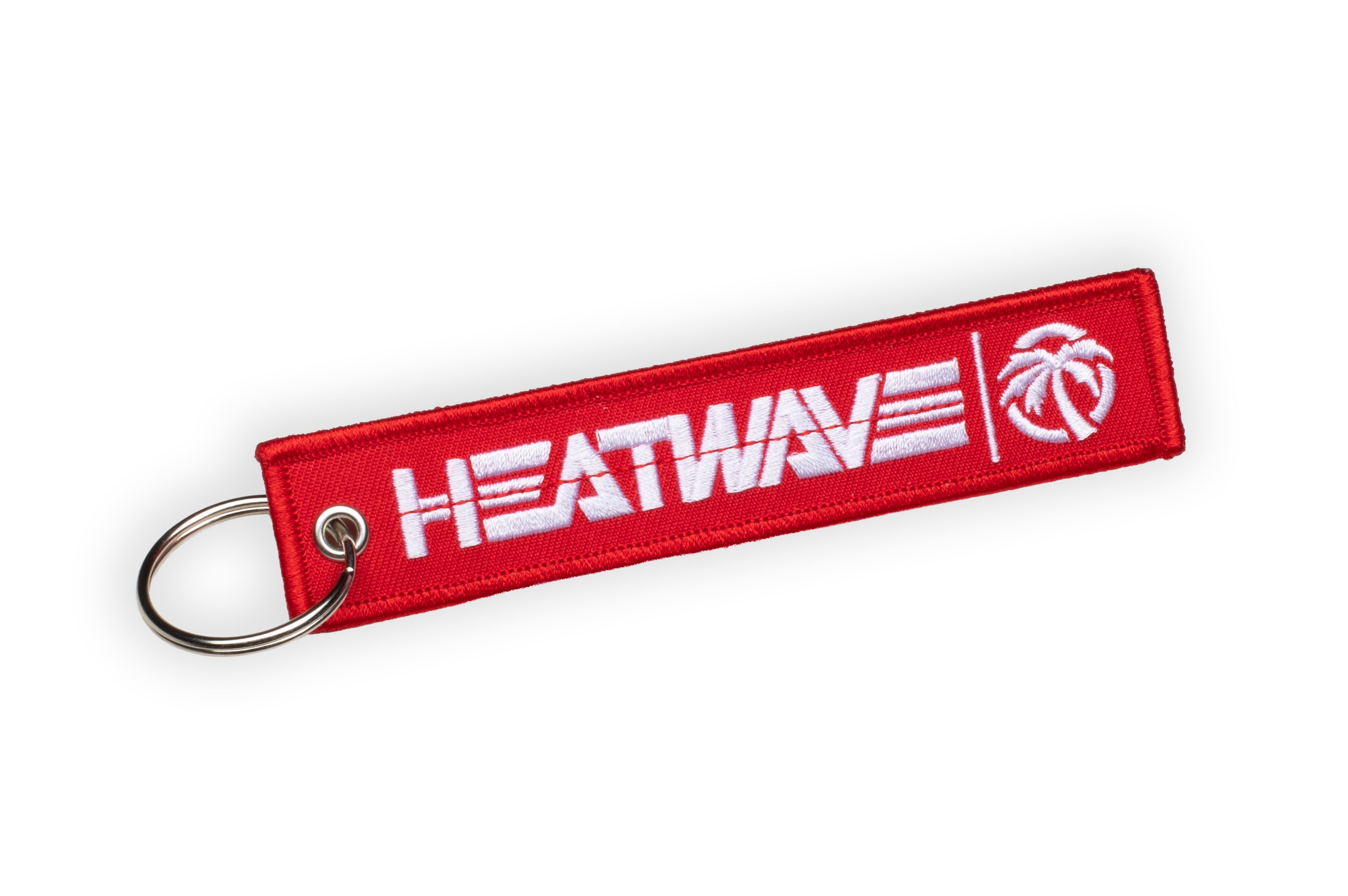 Red 'HEATWAVE' keychain with logo on a white background
