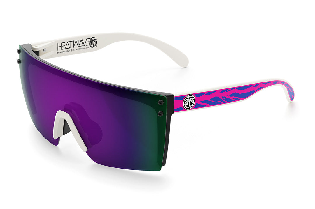 Heat Wave Visual Lazer Face Sunglasses with black frame, white nose piece, jet ski print arms and ultra violet lens.