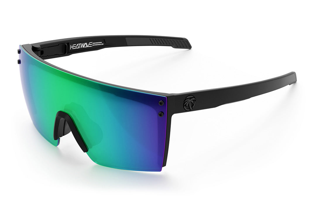 Heat Wave Visual Performance Lazer Face Sunglasses with black frame and piff green blue lens.