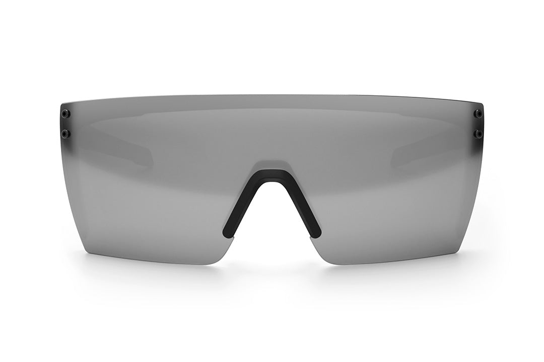 Front view of the Heat Wave Visual Performance XL Lazer Face Sunglasses with black frame and silver lens.