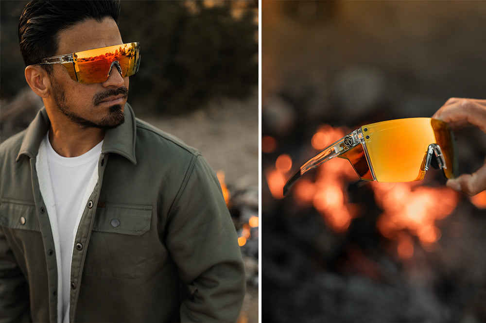 Man wearing Heat Wave Performance Lazer Face Vapor Clear Sunblast safety sunglasses with campfire behind him and a close up of a hand holding them.