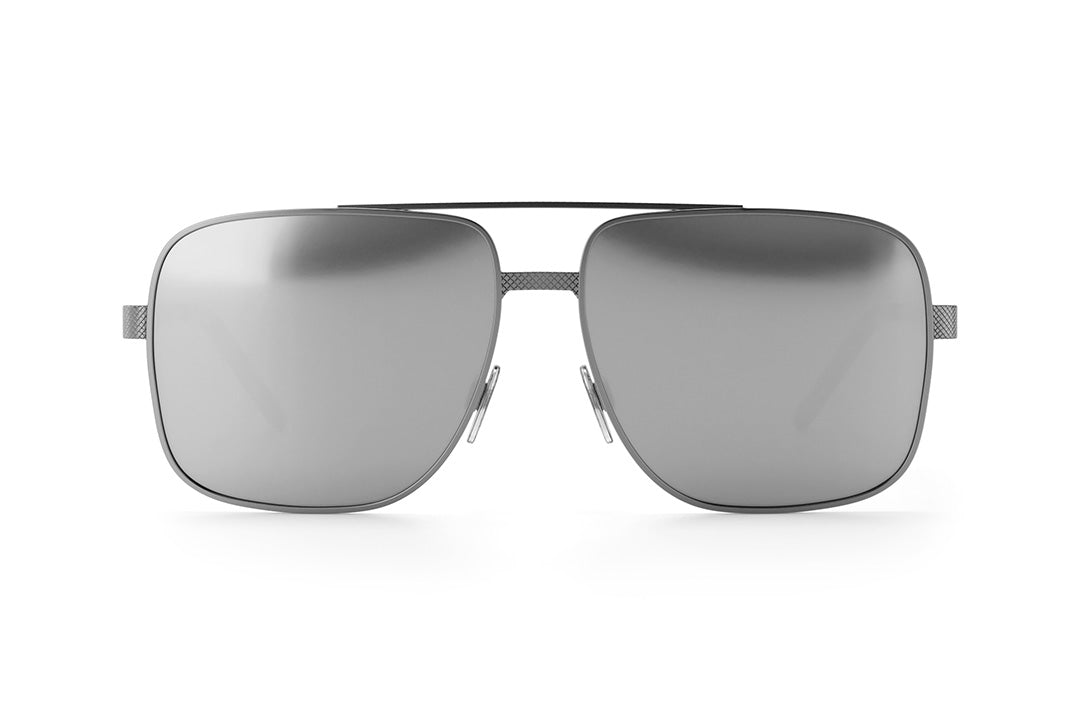 Front view of the Heat Wave Visual Nimitz Sunglasses with gun metal frame and silver lenses.