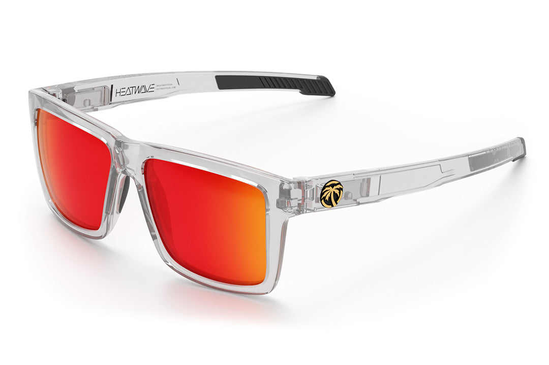Heat Wave Visual Performance Vise Sunglasses with clear frame and sunblast red orange lenses.