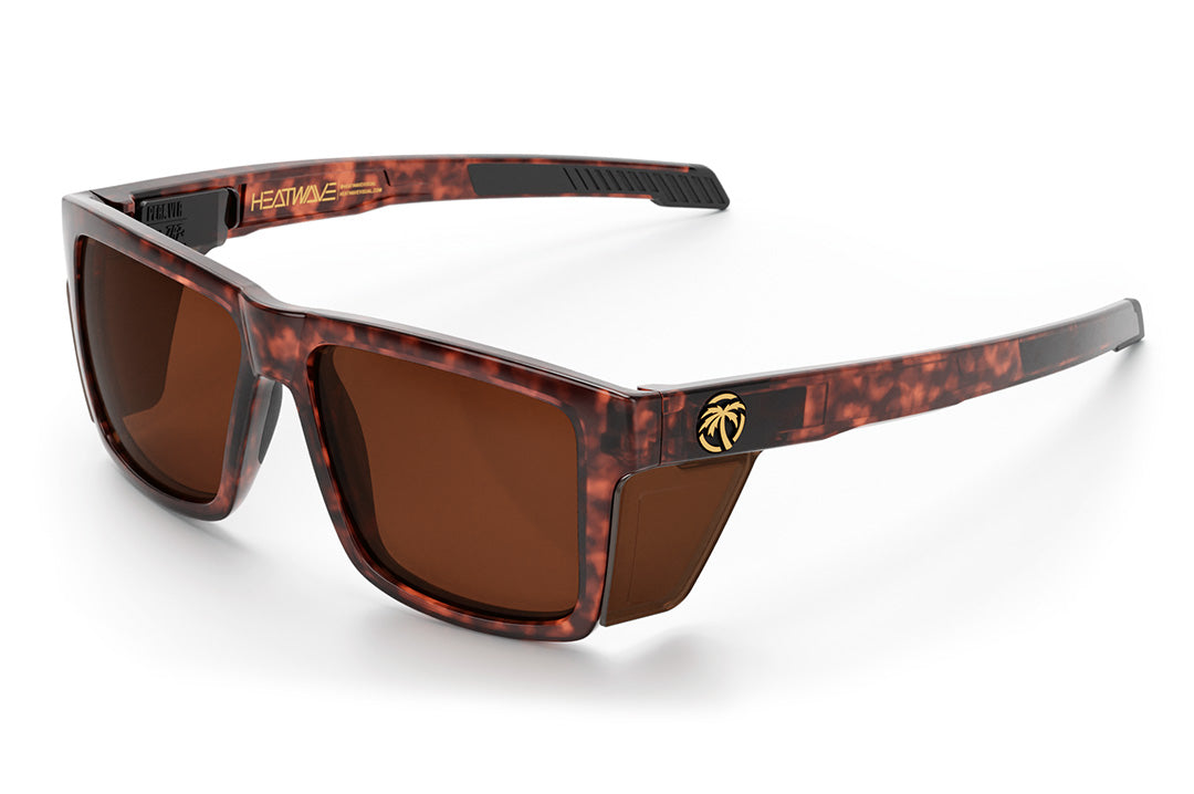 Heat Wave Visual Performance Vise Sunglasses with tortoise frame, brown lenses and matching side shields.
