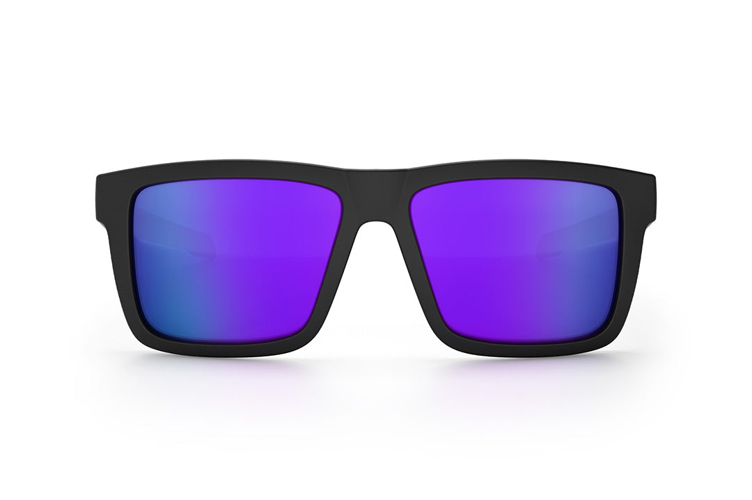 Front view of the Heat Wave Visual Performance XL Vise Sunglasses with black frame, ultra violet lenses and matching side shields.