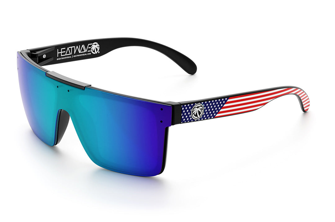 Heat Wave Visual Quatro Sunglasses with black frame, USA print arms and galaxy blue lens.
