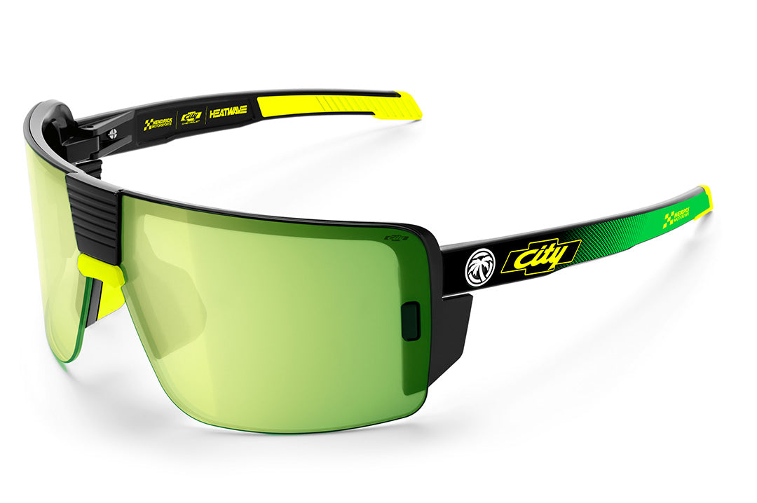 City of Chevrolet x HWV Vector Sunglasses with gloss black frame, City of Chevrolet arms and radium green lens.