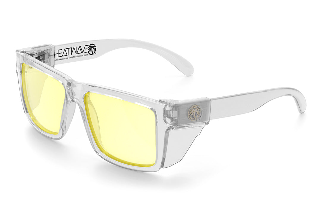 Heat Wave Visual Vise Z87 Sunglasses with clear frame, hi-vis yellow lenses and clear side shields.