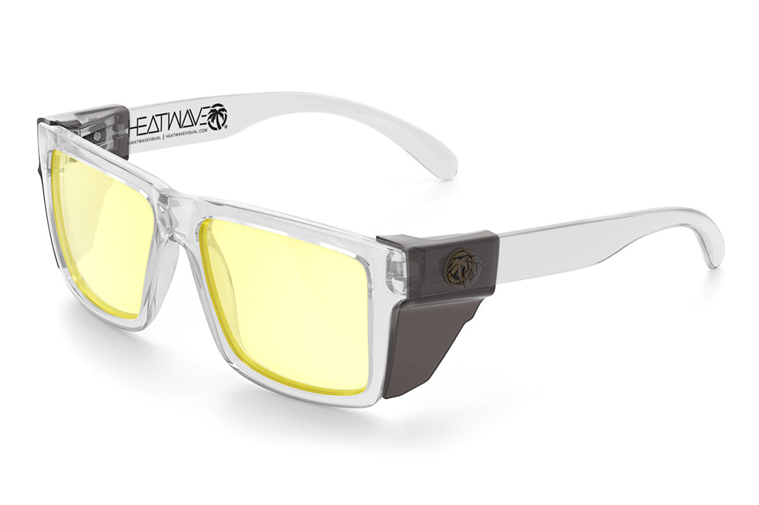 Heat Wave Visual Vise Z87 Sunglasses with clear frame, hi-vis yellow lenses and smoke side shields.
