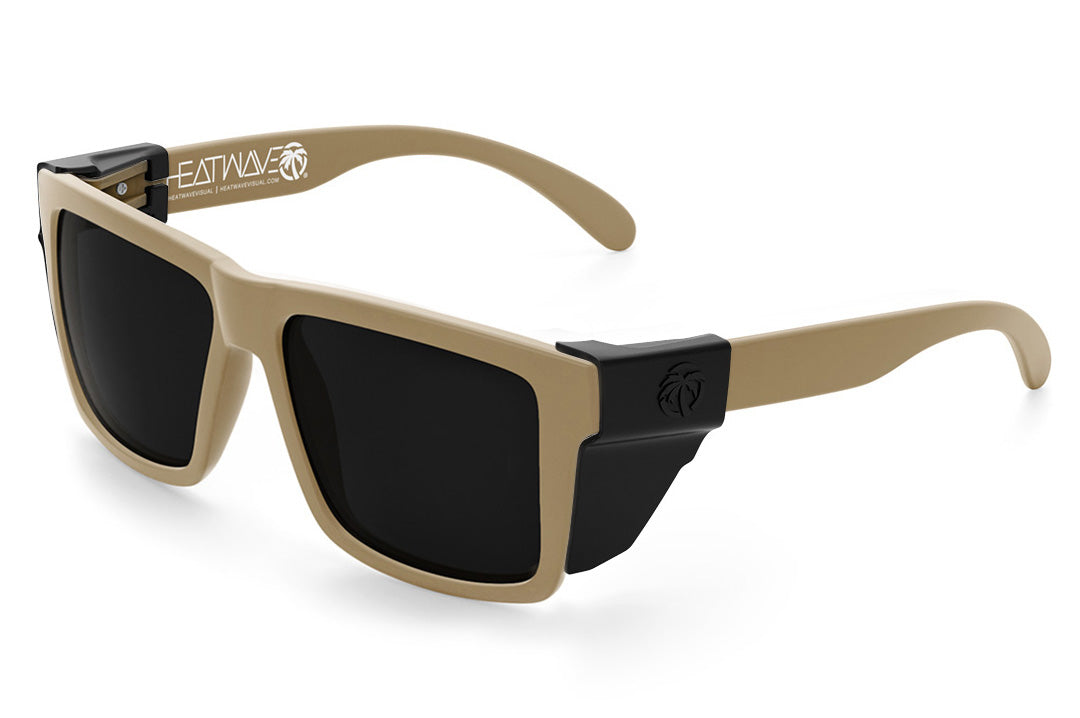 Heat Wave Visual XL Vise Sunglasses with desert tan frame, ultra black lenses and black side shields.