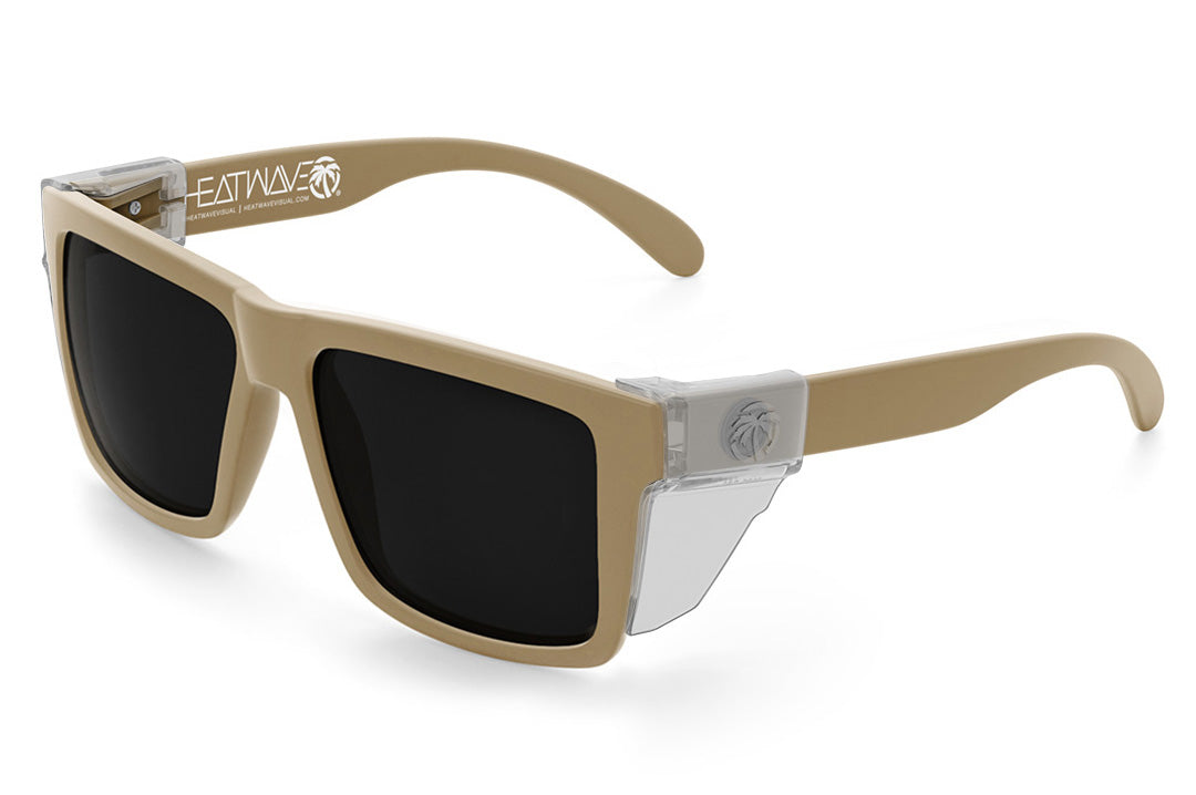Heat Wave Visual XL Vise Sunglasses with desert tan frame, ultra black lenses and clear side shields.