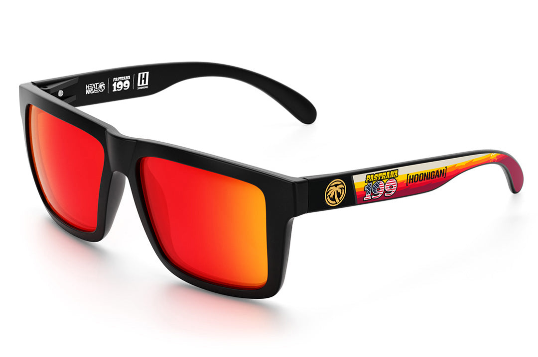 Heat Wave Visual XL Vise Sunglasses with black frame, Pastrana Hoonigan print arms and sunblast orange yellow lenses.