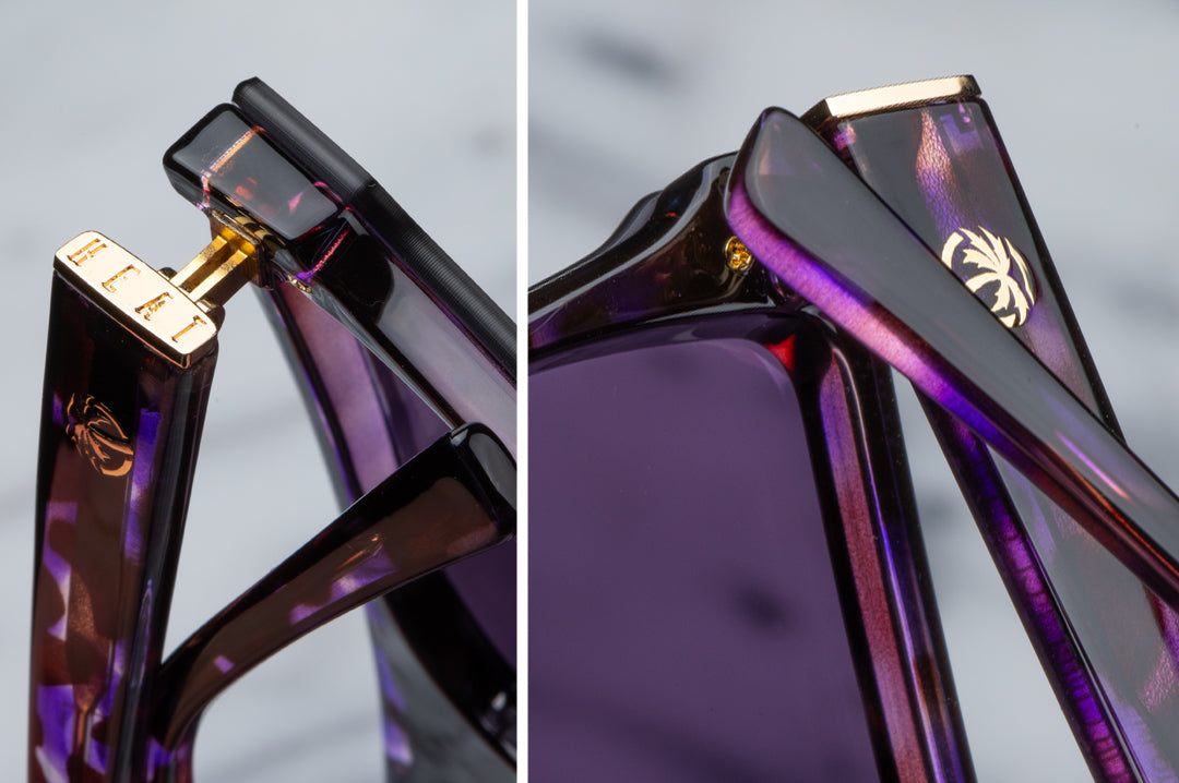 Close ups of the Heat Wave Visual Women's Clarity Sunglasses with velvet tortoise frame and purple lens.