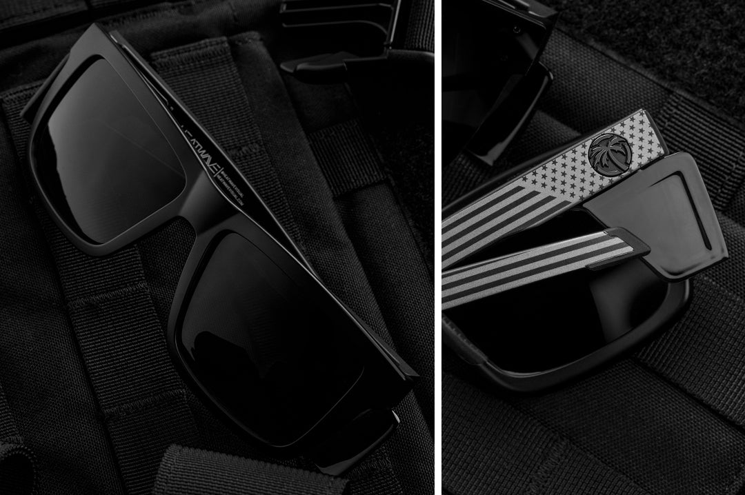 Front view and side view of Heat Wave Performance Vise black safety glasses with Socom USA Flag arms.