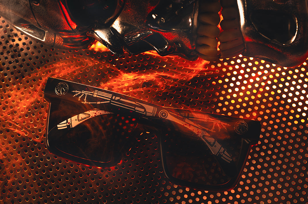 Terminator staring at the Heat Wave Visual Vise Tech Noir Sunglasses.