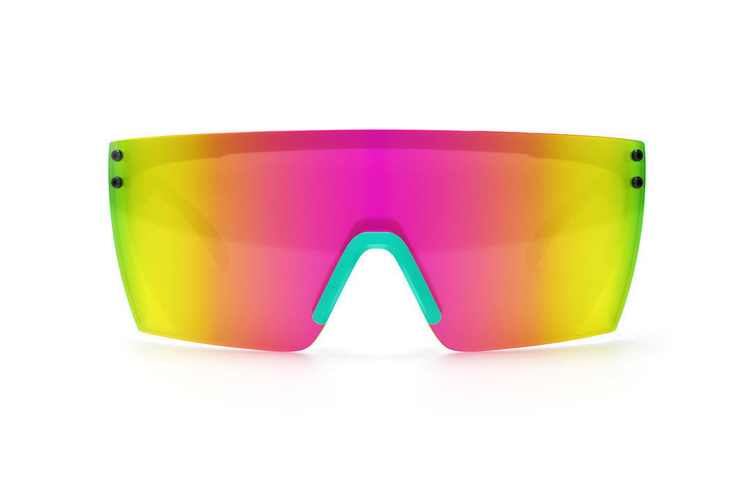 Front view of Heat Wave Visual Lazer Face Sunglasses with aqua nose piece and spectrum pink yellow lens.