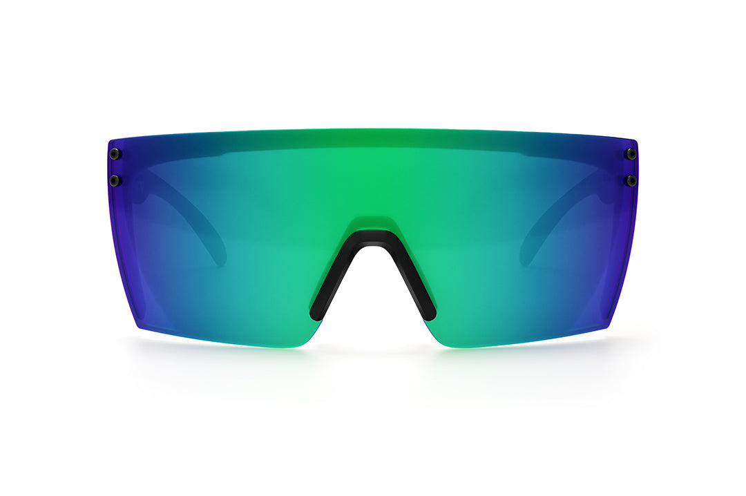 Front view of Heat Wave Visual Lazer Face Sunglasses with black frame and piff green blue lens.