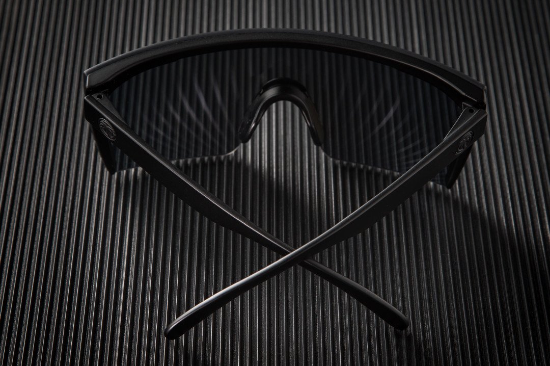 Back view of Heat Wave Visual Lazer Face Z87 Sunglasses with black frame and atmosphere red blue lens.