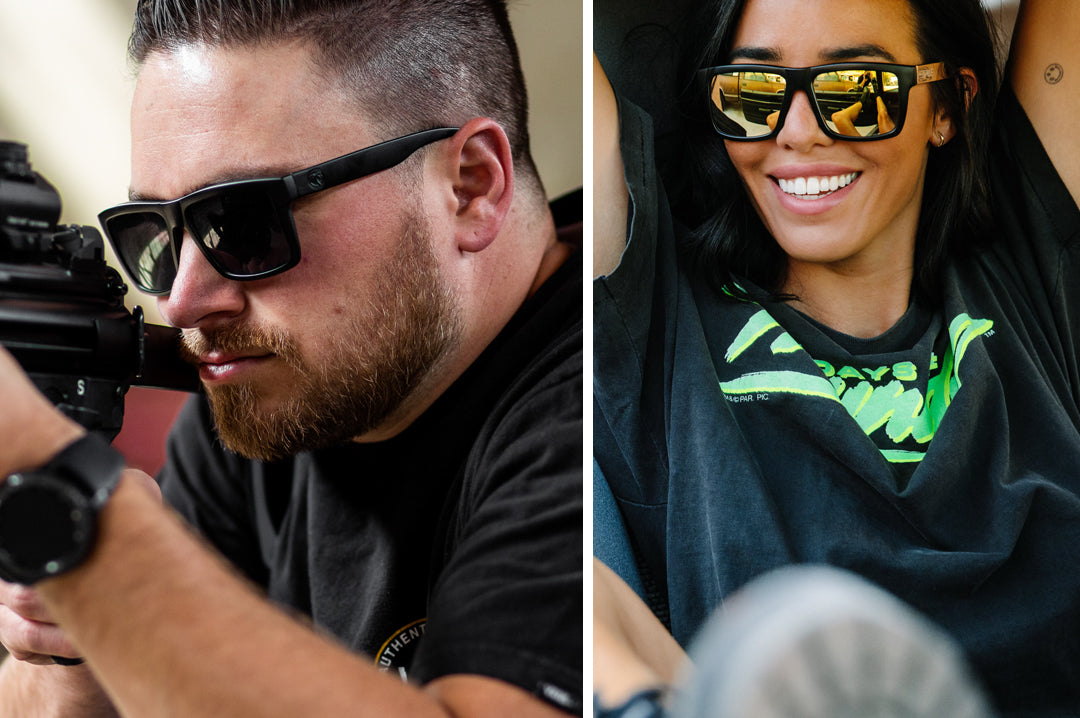 Man and women wearing Heat Wave Visual Vise Z87 Sunglasses.