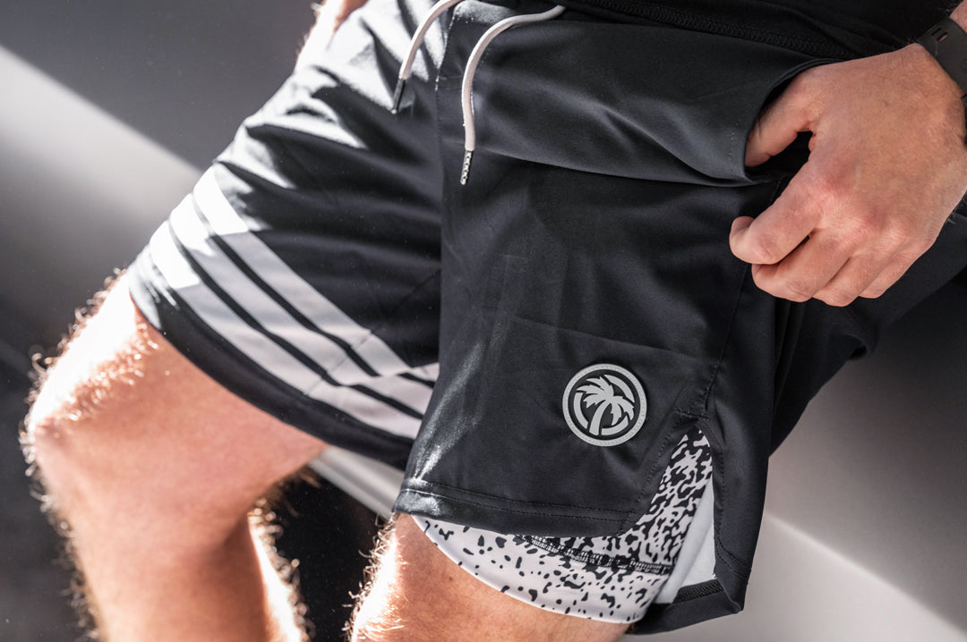 Close up shot of man wearing the Heat Wave Alloy Performance Shorts. 