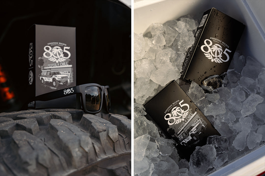 Two images of the VISE Sunglasses: Heat Wave x 805 and the box it comes in 