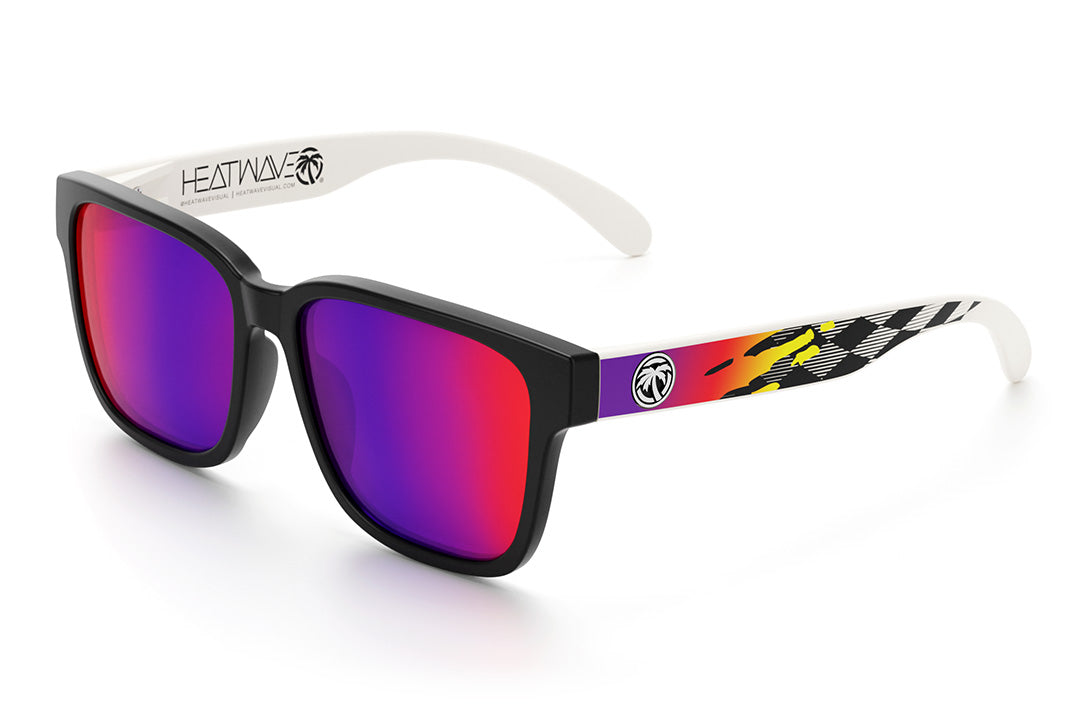 Heat Wave Visual Apollo Sunglasses with black frame, purple to yellow gradient print arms and atmosphere blue red lenses.