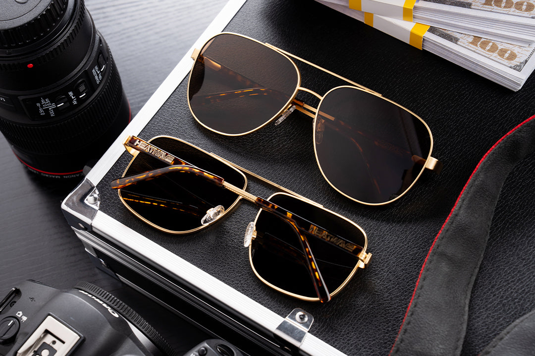 The Incline and Nimitz Sunglasses: Tortoise Brown Lens on a case