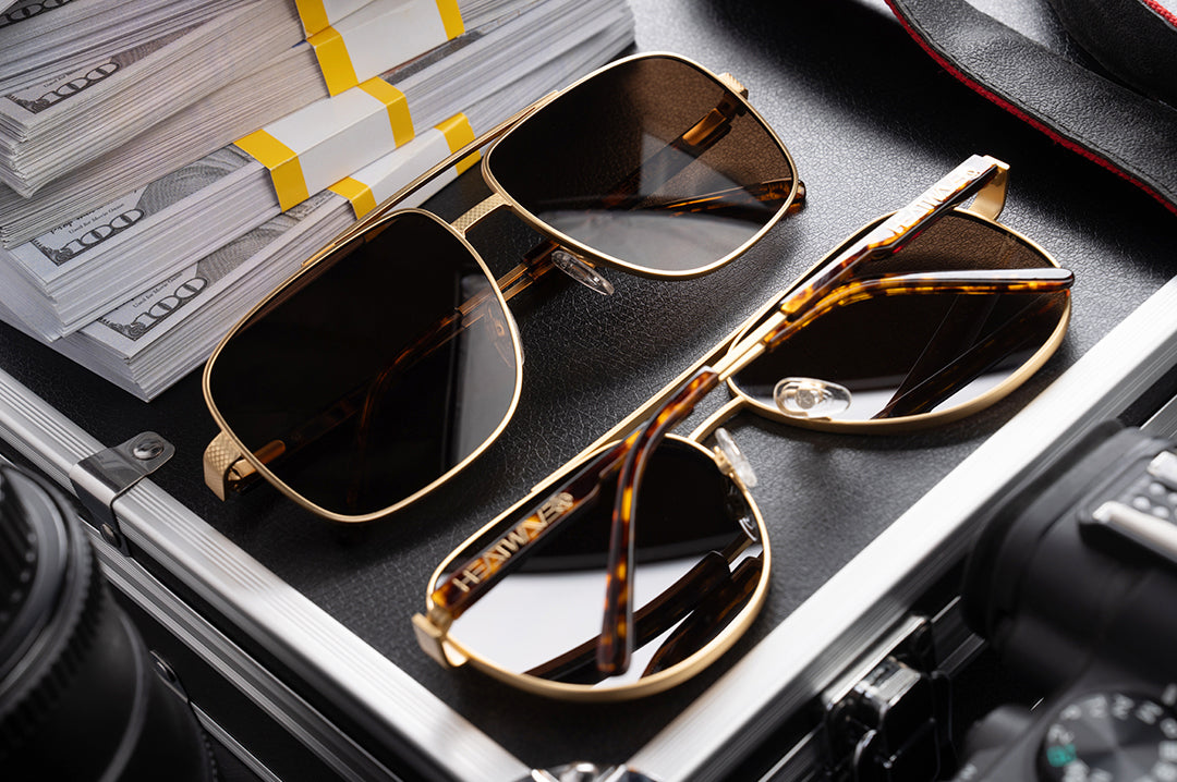 The Nimitz and Incline Sunglasses: Tortoise Brown Lens on a case