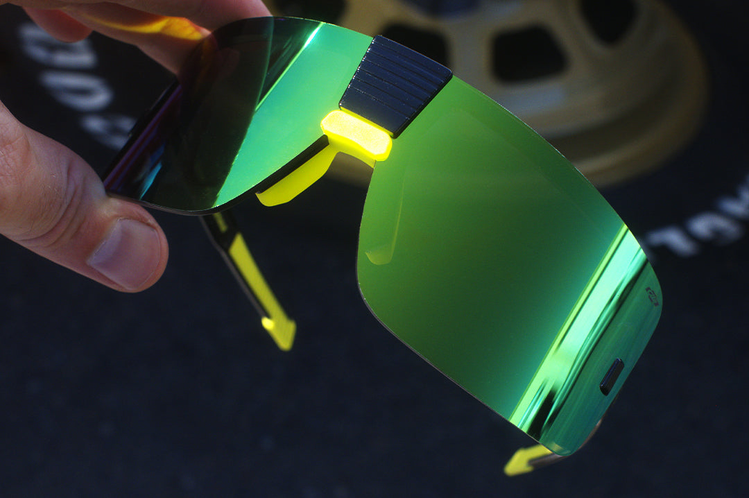 The radium green lens on the City of Chevrolet x HWV Vector Sunglasses.