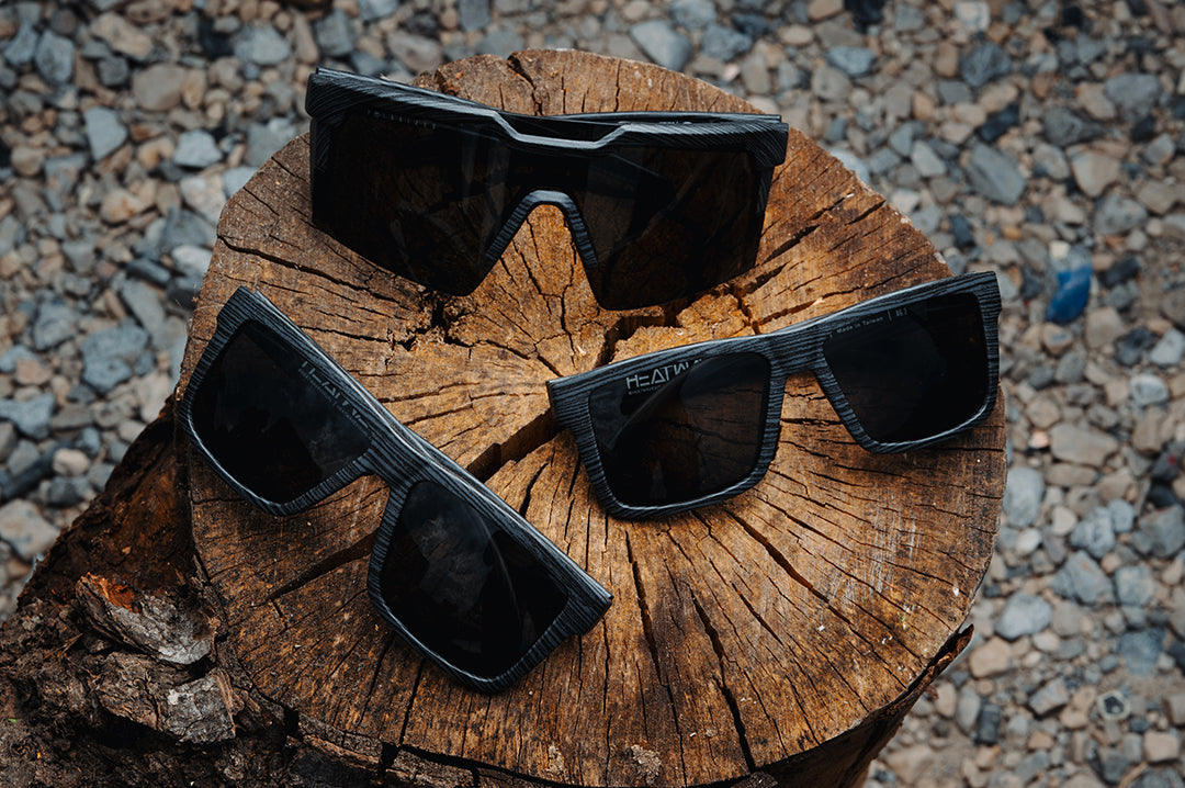 Three pairs of the Deadwood collection on a tree stump
