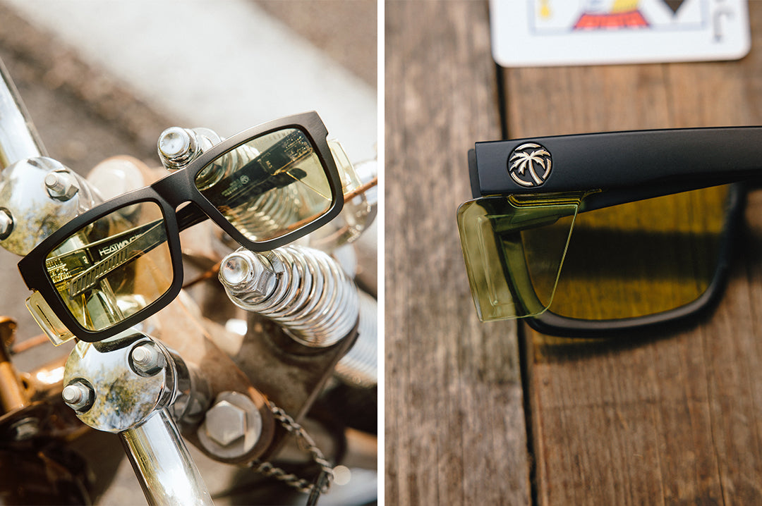 Front and backside of the Performance Vise Sunglasses: Easy Rider Photochromic Z87+ on a wood table