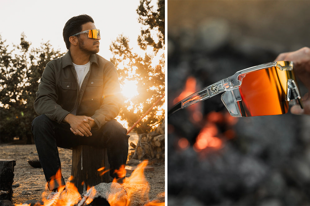 Man wearing Close up of Heat Wave Future Teach Vapor Clear Sunblast safety sunglasses behind a campfire and close up of a hand holding them.
