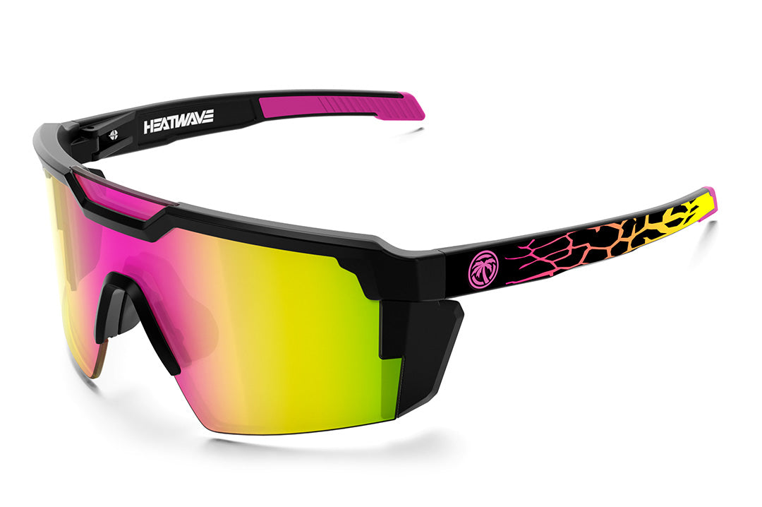 Heat Wave Visual Future Tech Sunglasses with black frame, core print arms and spectrum pink yellow lens.