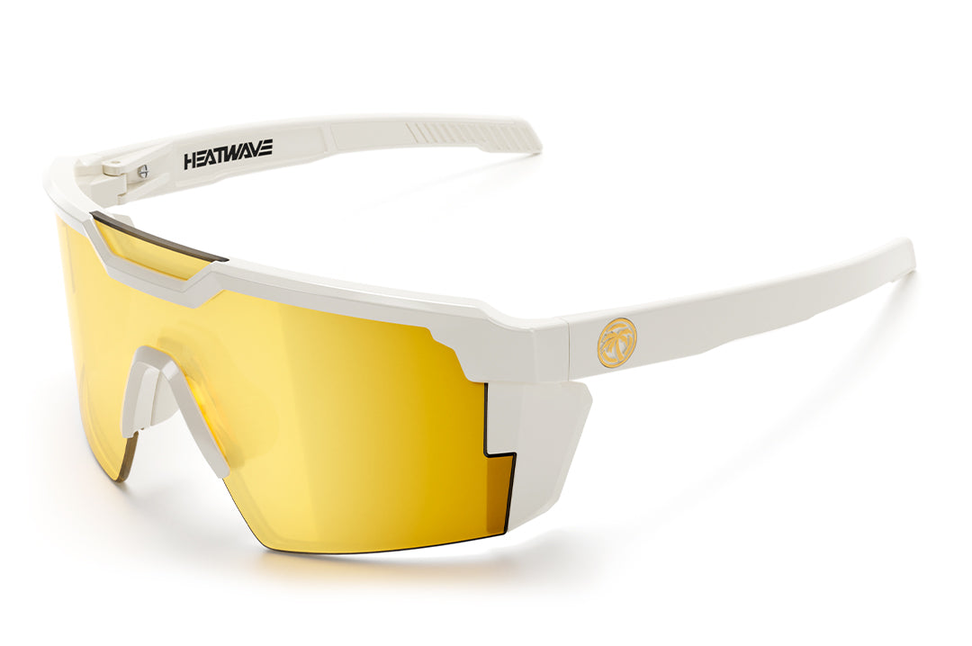 3/4th angle shot of the Future Tech Sunglasses: White Frame Gold Lens Z87+ on a white background.