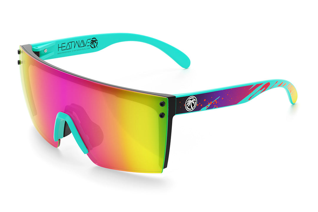Heat Wave Visual Lazer Face Sunglasses with black frame, aqua splash print arms, aqua nose piece and spectrum pink yellow lens.