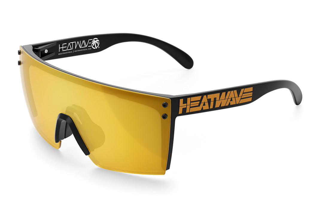 Heat Wave Visual Lazer Face Sunglasses with black frame, gold billboard print arms and gold lens.
