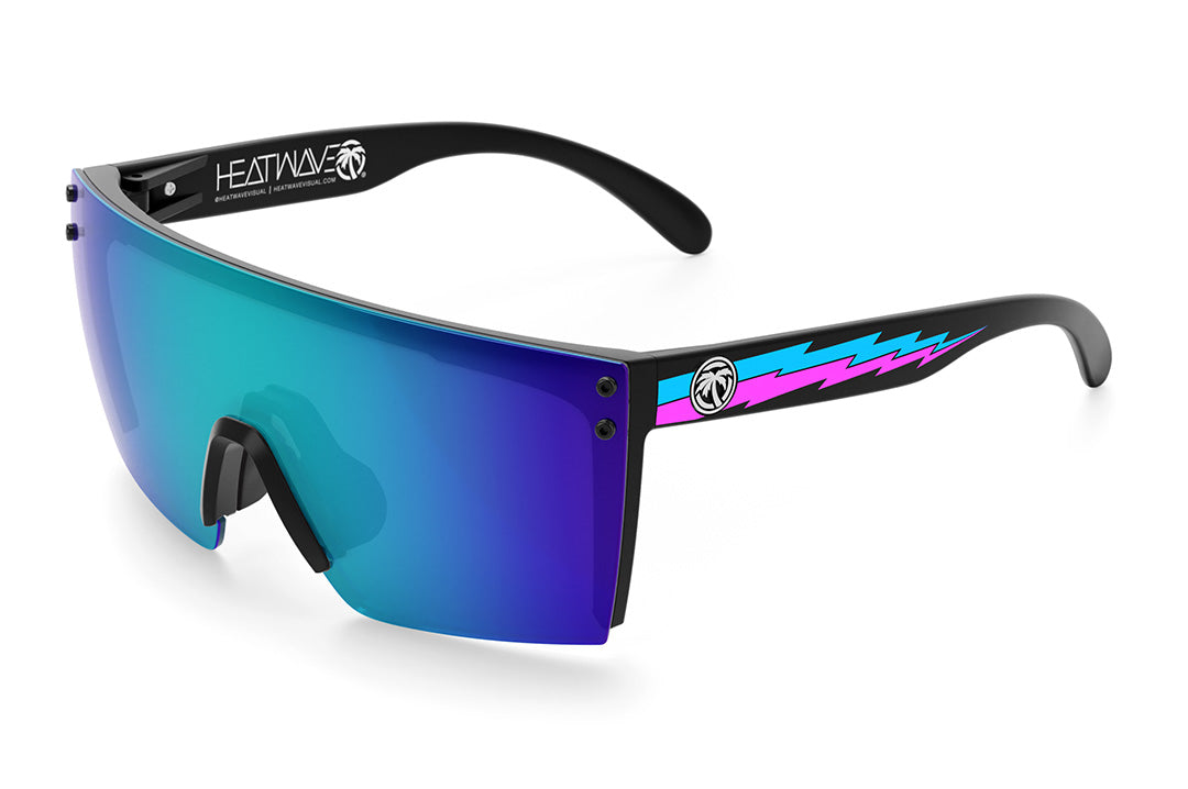 Heat Wave Visual Lazer Face Sunglasses with black frame, phase blue print arms and galaxy blue lens. 