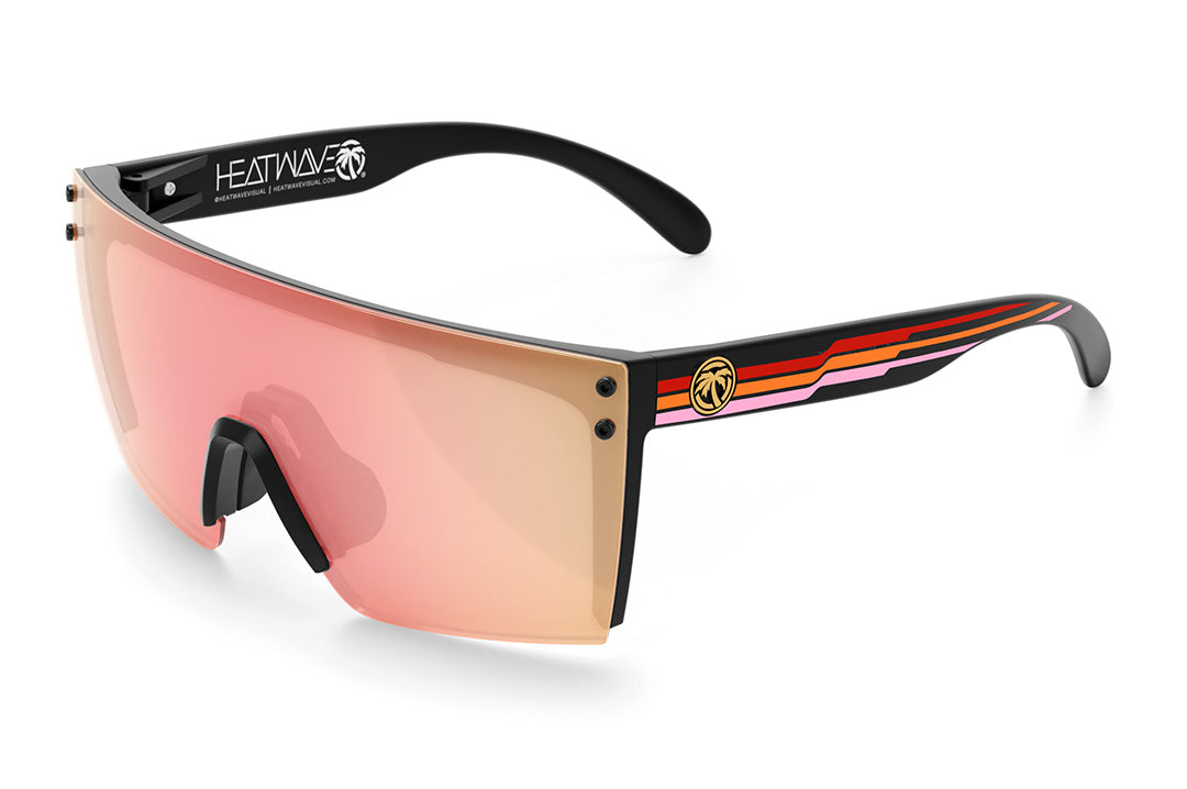 Heat Wave Visual Lazer Face Sunglasses with black frame, side stripe red print arms and rose gold lens. 