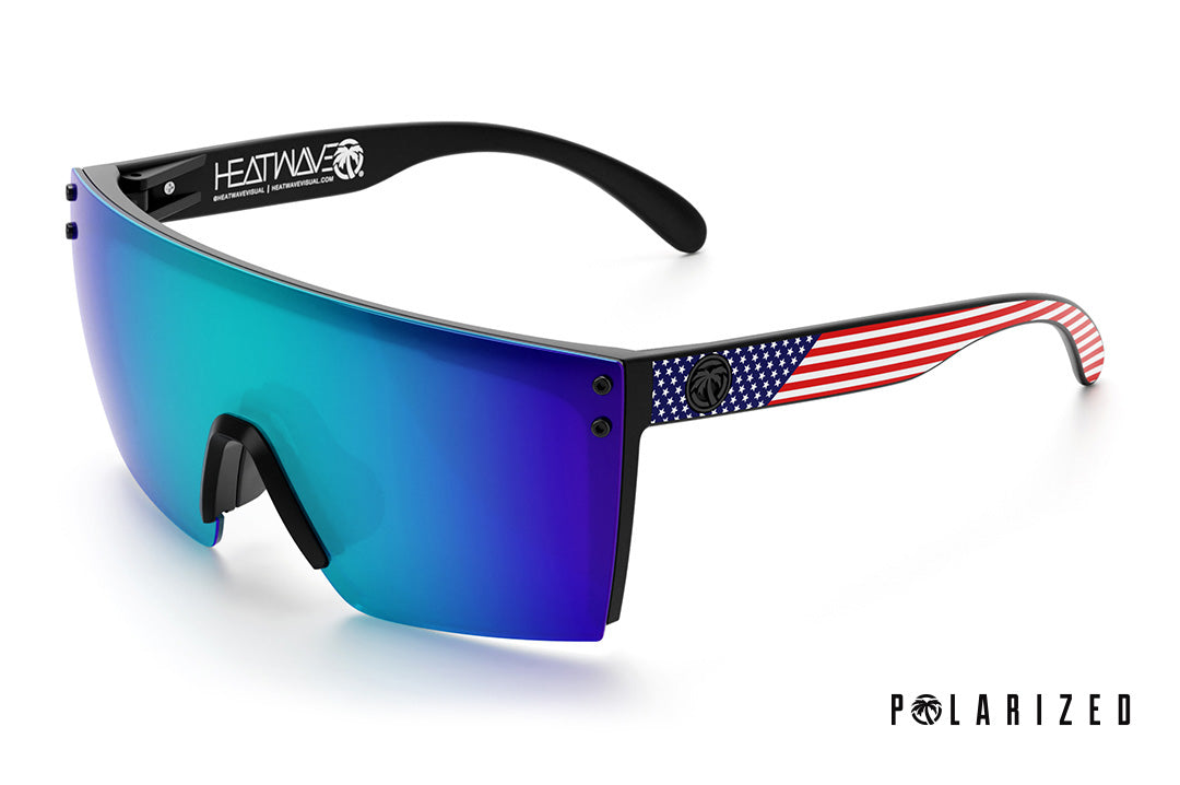 Heat Wave Visual Lazer Face Z87 Sunglasses with black frame, USA print arms with black emblems and galaxy blue lens.